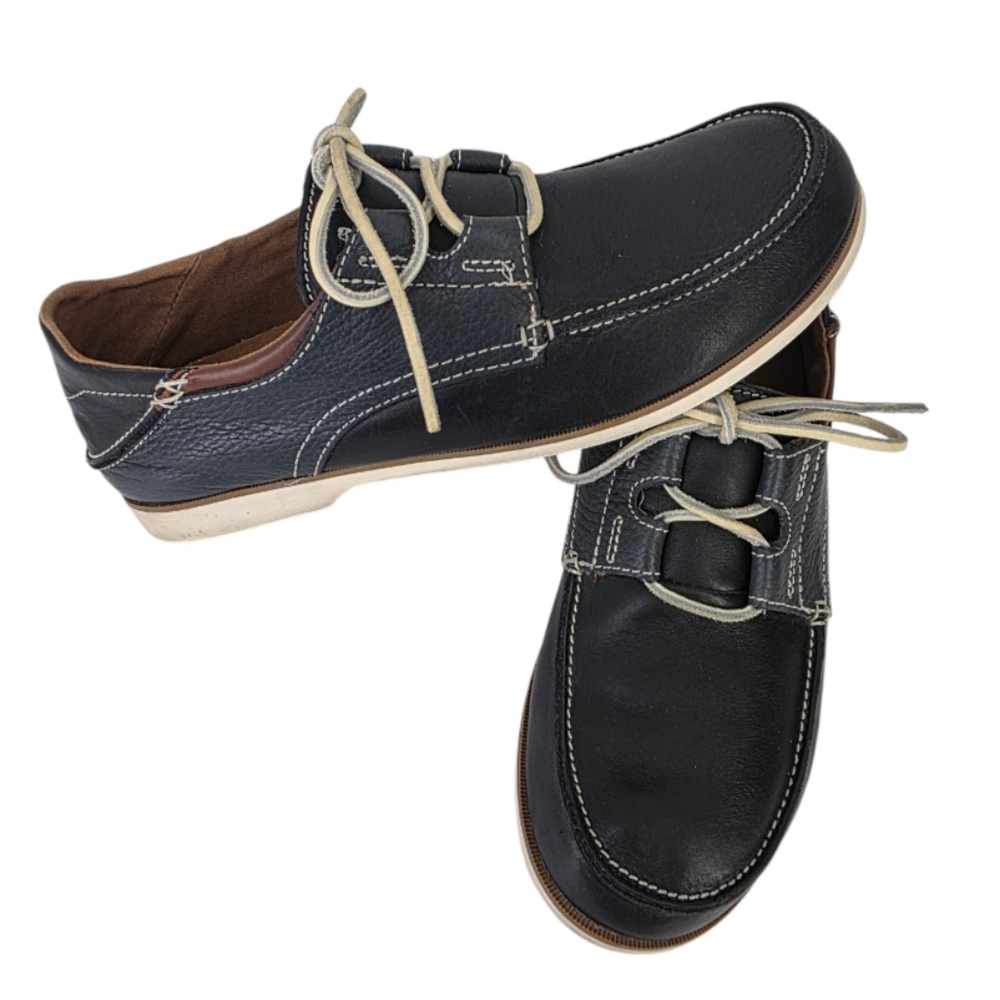 OluKai Dede Moku Navy Leather Boat Shoes Loafers Lace Up Sz 9